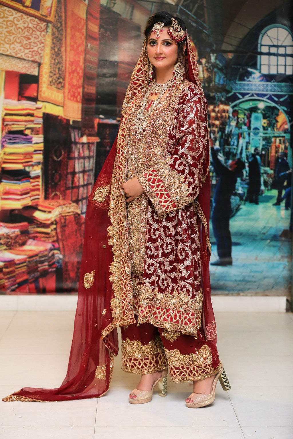 Maroon Bridal Balochi Hand Work, Pakistani Wedding Dress